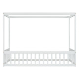 ZNTS Twin Size Canopy Frame Floor Bed with Fence, Guardrails,White W504P143278