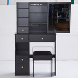 Small Size Left Drawer Desktop Vanity Table Cushioned Stool, Extra Large Sliding Mirror, Multi W936P226017