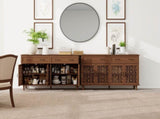 Vintage Sideboard Buffet Cabinet with Hand-Carved Hollow Doors, Distressed Light Wood Finish, 2 W688P359947