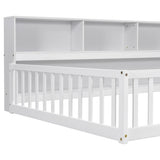 Full Floor Bed with Side Bookcase,Shelves,Guardrails,White W504142775