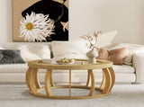 35.43"Vintage Rattan Solid Wood Round Coffee Table, Curved Legs Boho Accent Table for Dining Room, W757P383547