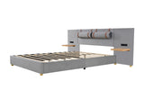 Queen Upholstered Platform Bed, Two Outlets and USB Charging Ports on Both Sides, Two Bedside 09306383