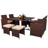 ZNTS 9 Pieces Wood Grain PE Wicker Rattan Dining Ottoman with Tempered Glass Table Patio Furniture Set 19520971