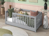 Twin Size Floor Bed with Fence without Door, Rubber Wood Floor Bed with Safety Guardrails,Grey W504P296793