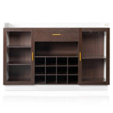 Double Glass Door with Single Drawer and 12-Bottle Wine Rack Sideboard in Black Frame White-Brown 64021820