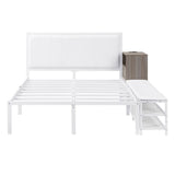 Full size Metal Platform Bed with Two-Tier Storage Shelves, Wooden Storage Cabinet, White N737P199334K
