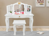 Children's Wooden Dressing Table Three-Sided Folding Mirror Dressing Table Chair Single Drawer White 07586825