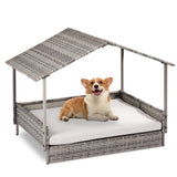 ZNTS Wicker Dog House, Elevated Rattan Dog Bed with Canopy and Washable Cushion Cover, Indoor Outdoor 91931559