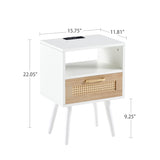 15.75" Rattan End table with Power Outlet & USB Ports , Modern nightstand with drawer and solid wood W126573114