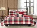 6 Piece Printed Herringbone Quilt Set with Throw Pillows Red Full/Queen B03597496