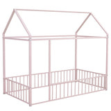 Twin Size Metal Bed House Bed Frame with Fence, for Kids, Teens, Girls, Boys, Pink MF304315AAH