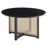 Mid-century wooden coffee table with PE cane stand, 31.5-inch round solid wood Bohemian style coffee W2720P237624