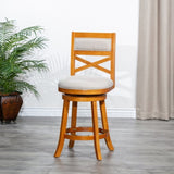 24" Counter Height X-Back Swivel Stool, Natural Finish, Beige Fabric Seat B04660716