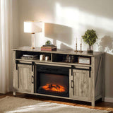 58" Gray Wash Barn Door Fireplace TV Stand for 23" Insert, Sliding Track Design 13777923