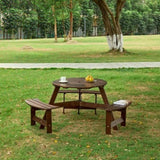 ZNTS Outdoor 6 Person Picnic Table, 6 person Round Picnic Table with 3 Built-in Benches, Umbrella Hole, W2275P149763