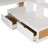 Full Size Loft Bed with Desk and Shelves, Two Built-in Drawers, Storage Staircase, White and Natural 04858801