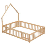Full House-Shaped Headboard Floor Bed with Fence,Natural W504119482