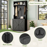 ON-TREND Farmhouse 4-in-1 Hall Tree with Barn Doors, Movable Bench with 7 Hanging Hooks and Shoe N721P205788B