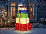 6FT Lighted Gift Box Tower, Pre-lit Pull Up Present Boxes with 200 LED Warm White Lights and Ropes 57172027