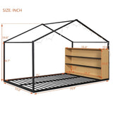 Full Size Metal Bed House Bed Frame with Shelves and Lights, Black N737P176706B