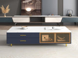 Modern Navy Blue Coffee Table with 2 Glass Door Storage, 4 Drawers, Gold Metal Legs, and Multi-Color N735P167910
