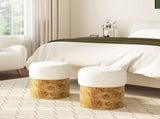 Nebula Round Burl Wood Upholstered Ottoman, Ivory White Boucle B2719P238446