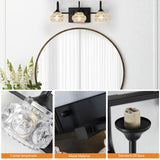 Retro 3-Light Bathroom Vanity Light Fixture - Black Finish with Crystal Glass Shades, Wall Mounted W1340P206720