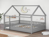 Full Size Floor Wooden Bed with House Roof Frame, Fence Guardrails,Grey W1858123988
