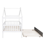 Twin Size Wooden House Bed with Twin Size Trundle, White WF302178AAK