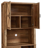 76-Inch Tall Rustic Oak Color Farmhouse Kitchen Faux Rattan Wine Cabinet, Kitchen Bar Cabinet with W2702P183964