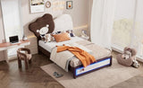 ZNTS Twin Size Upholstered Platform Bed with Bear Shaped Headboard, LED Light Strips, White + Brown WF323767AAK