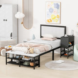 Twin size Metal Platform Bed with Two-Tier Storage Shelves, Wooden Storage Cabinet, Black N737P199330B