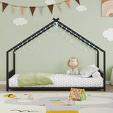 Twin size children's bed frame with LED light strips, roof-shaped iron frame bed, black,78.5" L x W1820P308329