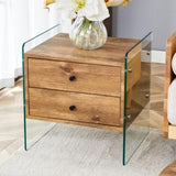 Double-drawer bedside table.The board surface is MDF with wood grain sticker, and both sides are W1512P348780