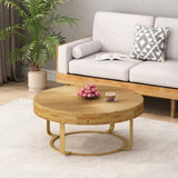 Modern round coffee table Wooden carving pattern coffee table with metal legs for living room W757P186929