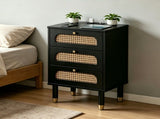 3-Drawer Nightstand with Woven Rattan Fronts and Built-in Power Outlet 15.75"*13.78"*23.82" Black 43527562