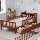 Twin Size Bed with Headboard Storage Rack, Two Under-Bed Drawers, Three-Side Guardrails for Safety N733P272374D