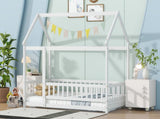 Twin Size House Floor Wooden Bed with Roof Frame,Safety Guardrails,White W504P286403