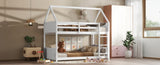 Twin Over Twin House Floor Bed with Headboards, Footboards and Guardrails, Ladder, Rubber Wood W504P227972