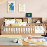 Wood Twin XL Size Floor Bed with Storage Cabinets and USB Ports, Brown N709P205811D