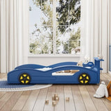 ZNTS Wooden Race Car Bed,Car-Shaped Platform Twin Bed with Wheels For Teens,Blue & Yellow WF310553AAC