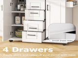 White Kitchen Island Cart with 4 Drawers & 2 Cabinets, 5 Universal Casters with Brakes 15467944