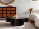 Round Coffee Table Handcrafted Relief Sturdy Pedestal Wooden Olive-Shaped Tea Table for Living Room W3081P255062