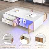 Modern White Coffee Table with 2 Glass Door Storage, 4 Drawers, Gold Metal Legs, and Multi-Color N735P167909