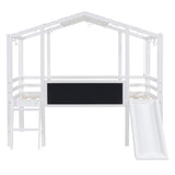 ZNTS Twin Size Loft Bed with Ladder and Slide, House Bed with Blackboard and Light Strip on the Roof, WF324323AAK