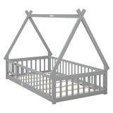 Twin Tent-shaped Floor Bed, with Guardrails, Slats, Door ,Grey W504119500