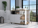 Kitchen Cart 35" H, Four Open Shelves, Double Door Cabinet, Four Casters - Light Oak/White B097133180
