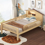 Twin Size Wood Platform Bed with House-shaped Headboard, LED and Built-in Storage, Natural N709P184429M