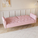 A 69.7-inch-long sofa bed covered in pink velvet fabric, featuring nail head trimndccompanied by W3356P298450