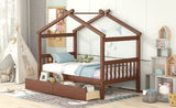 ZNTS Twin Size Wooden House Bed with Drawers, Walnut WF300799AAL